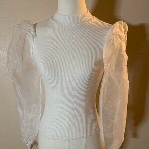 Forever 21 women's size S white fitted sweater sheer peasant puffed sleeves